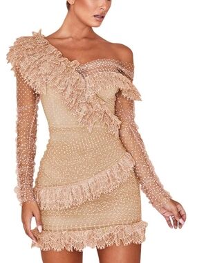 One-Shoulder Nude Ruffle Lace Mini Dress